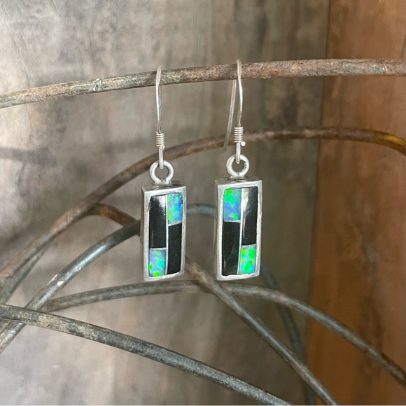 Dainty Dangle Earrings Fire Opal Onyx Sterling Silver Handmade - Picture 1 of 13